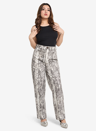 Grey High-Waist Snake Print Straight Jeans