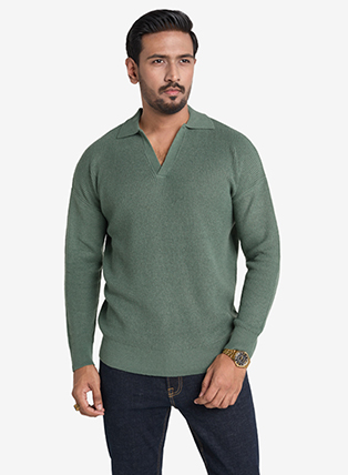 Premium Collared Knit Sweater In Sage Green (Unisex)