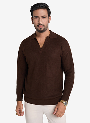 Premium Collared Knit Sweater In Dark Chocolate