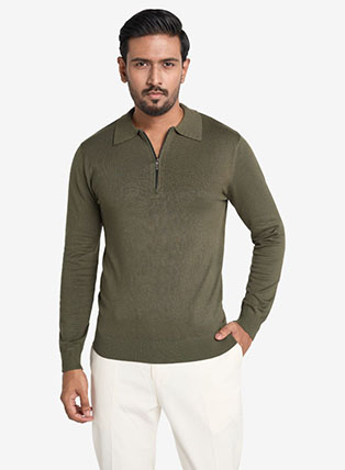Signature Long Sleeve Zip Polo - Moss Green