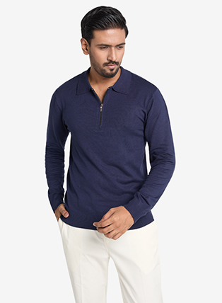 Signature Long Sleeve Zip Polo In Prussian Blue (Unisex)