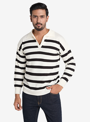 Premium Collared Striped Knit Sweater