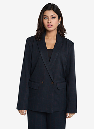 Exclusive Wool-Blend Navy Scarlet Checked Blazer