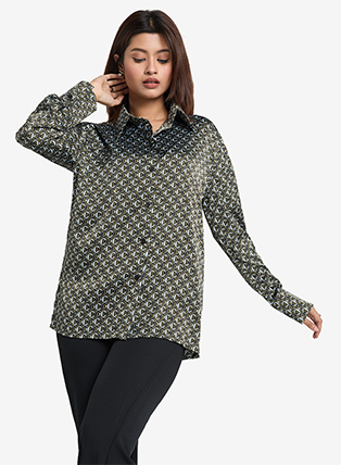 MAHAL Geometric Boxy Fit Silk Shirt in Olive
