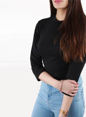 High-Neck Fitted Top W/ 3/4 sleeves - Black