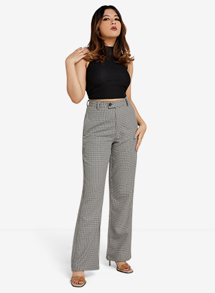 Flared Houndstooth Pattern Tailored Trousers