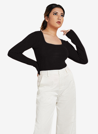 Square Neck Long-Sleeve Top - Black