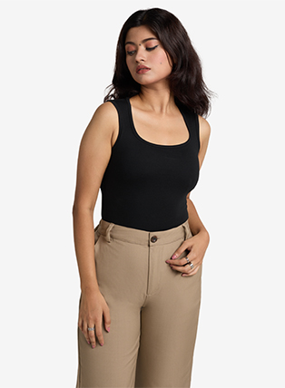 Strides Cotton Square Neck Solid Tank Top - Black