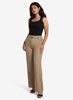 Beige High-Waist Wide Leg Trousers