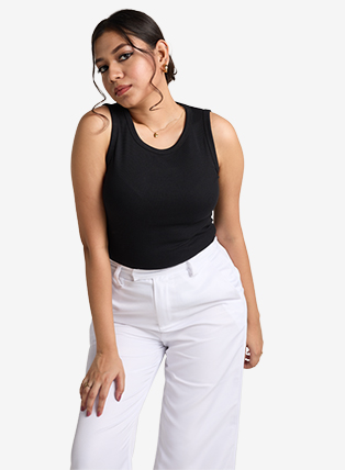 Ribbed Sleeveless Round Neck Top - Black