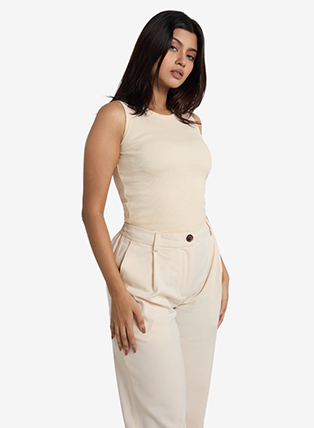 Ribbed Sleeveless Round Neck Top - Ecru