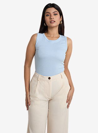 Ribbed Sleeveless Round Neck Top - Powder Blue