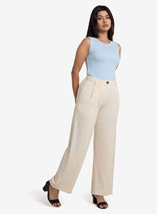 Premium Cream Pleated Wide Leg Trousers