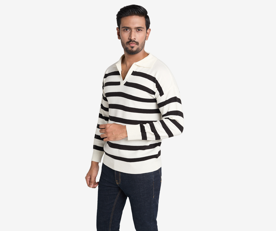 【DEARMINE】Olle Stripe Collar Knit Striped Johnny Collar Long Sleeve Sweater – Charming Charlie